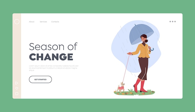 Rain Season Landing Page Template Female Character Walk with Dog in Park at Rainy Autumn Weather Woman with Umbrella