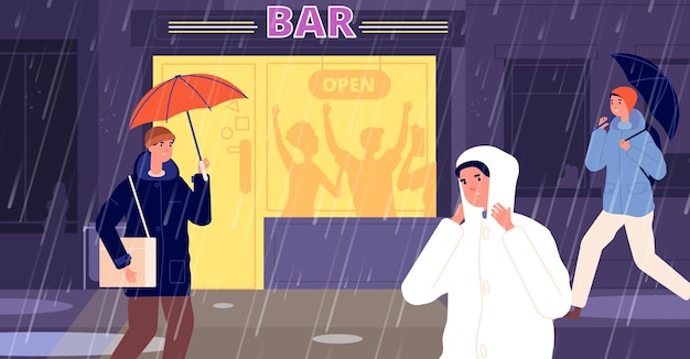 Rain on street Night bar reopen entrance lightning on dark Rainy autumn city business people walk with umbrella and drink in pub utter vector scene