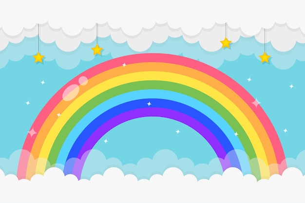 Rainbow background with clouds and stars