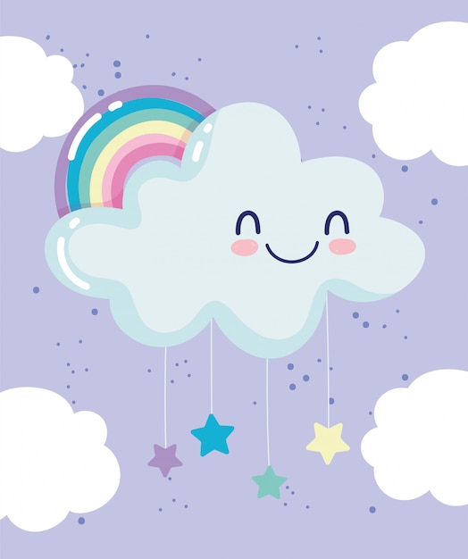 Rainbow cloud hanging stars night dream cartoon decoration vector illustration