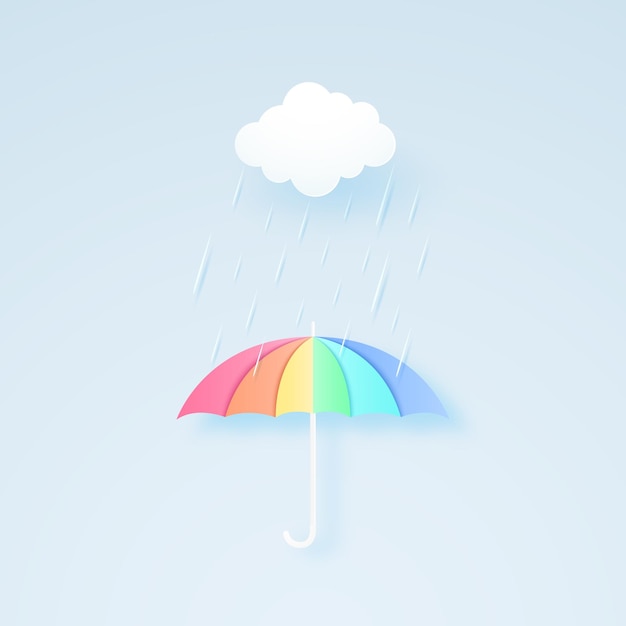 Rainbow color umbrella with rain and cloud, rainy season, rainstorm, paper art style