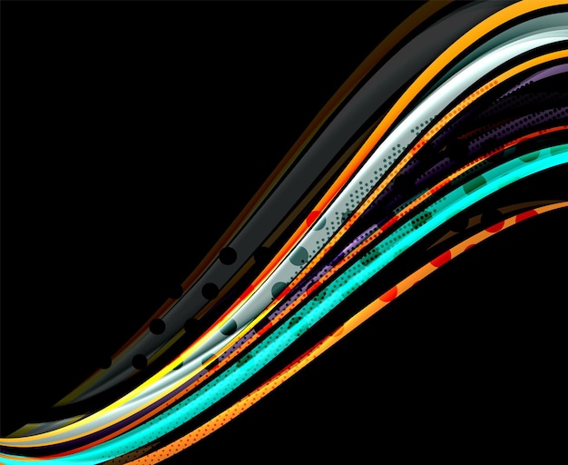 Vector rainbow color wavy lines on black background minimalistic dark background with stripes and light effects