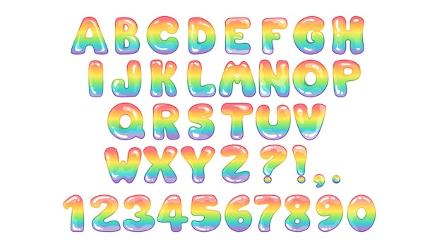 Rainbow cute font with colorful letters numbers and signs Gradient letter set isolated on white background Vector cartoon illustration