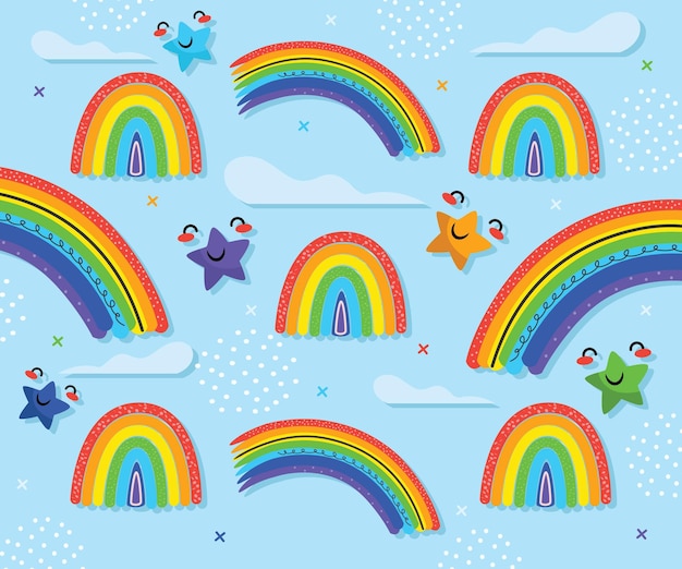 Rainbow cute stars and clouds in paper art style