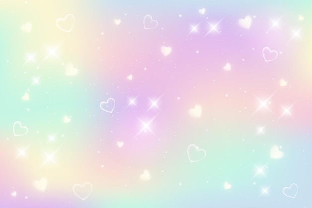 Rainbow fantasy background. Holographic illustration in pastel colors. Sky with bokeh and hearts.