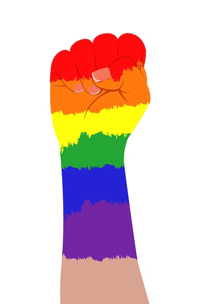 Rainbow hand clenched into a fist Brush stroke of LGBT flag Human rights and tolerance Vector illustration isolated on white background LGBT community