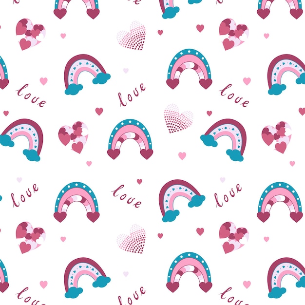 Rainbow hand drawn backdrop colorful seamless pattern with clouds hearts love