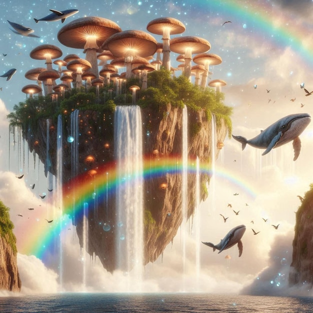 a rainbow is above a waterfall and the dolphin is a rainbow