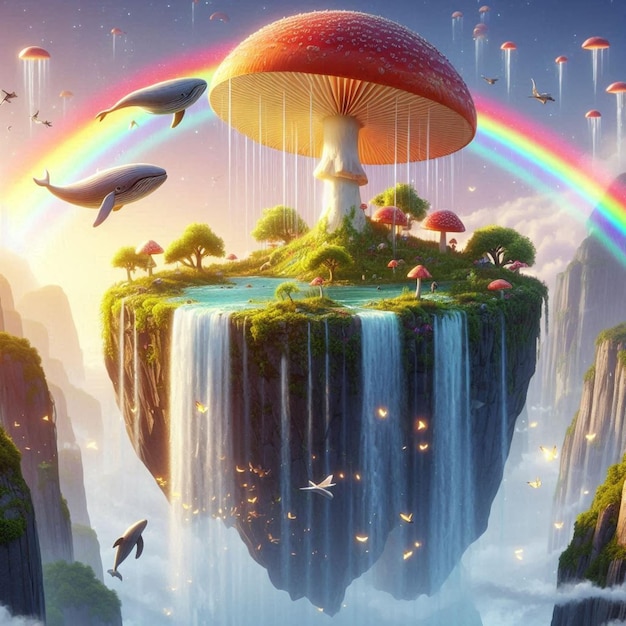 a rainbow is above a waterfall and the rainbow is a rainbow