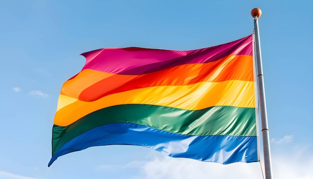 Rainbow LGBT flag flying against the sky