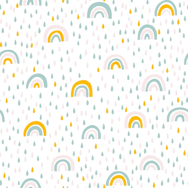 Rainbow and raindrops seamless pattern in pastel colors. Baby scandinavian hand drawn illustration ideal for textiles and newborn clothes