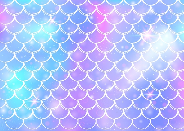 Rainbow scales background with kawaii mermaid princess pattern. Fish tail banner with magic sparkles and stars. Sea fantasy invitation for girlie party. Retro backdrop with rainbow scales.