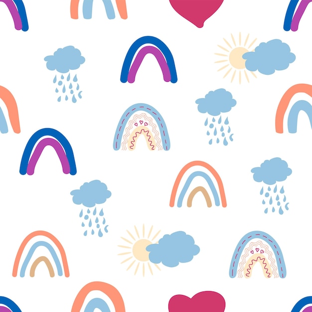 Rainbow seamless pattern in pastel colors Scandinavian baby hand drawn illustration perfect for textiles