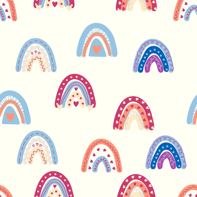 Rainbow seamless pattern in pastel colors Scandinavian baby hand drawn illustration for textiles and newborn clothes