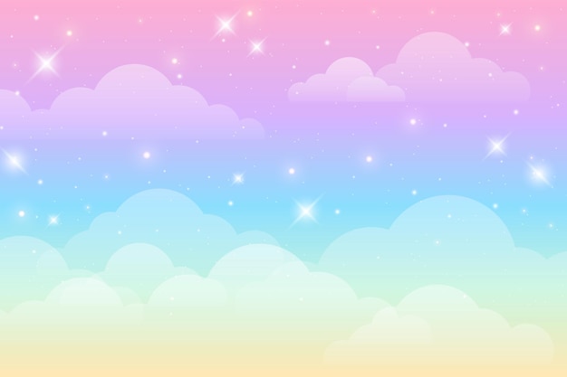 Rainbow unicorn background with clouds and stars Pastel color sky Magical landscape fabulous pattern