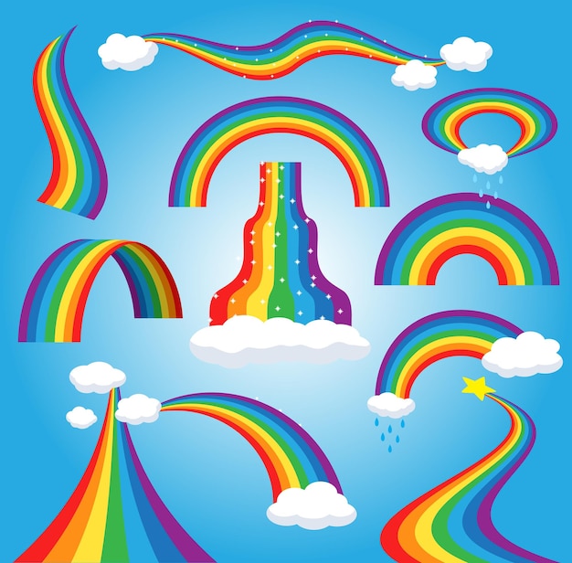 Rainbow vector colorful bowed arc in raining sky multicolored cartoon arch or bow spectrum of colors...