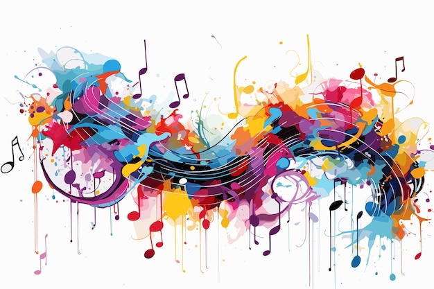 Vector rainbow vector music background with notes and watercolor splash