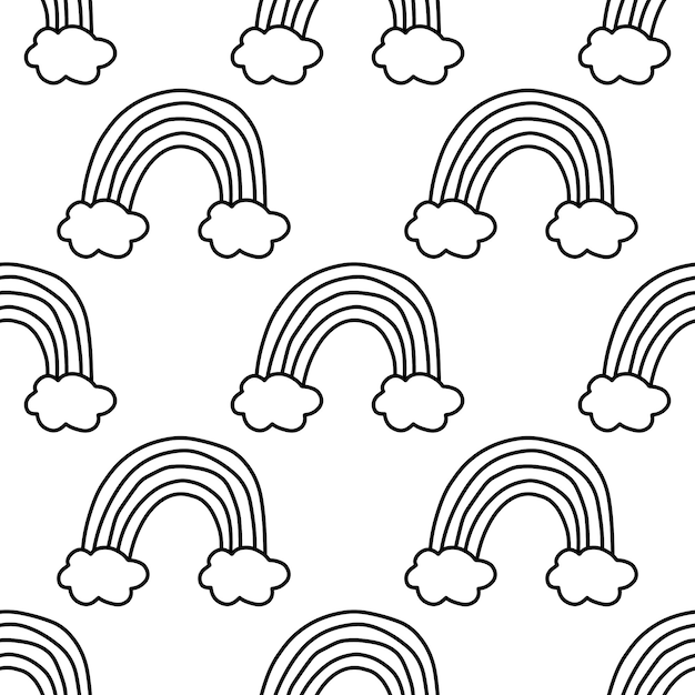 Rainbow with clouds vector pattern in doodle style