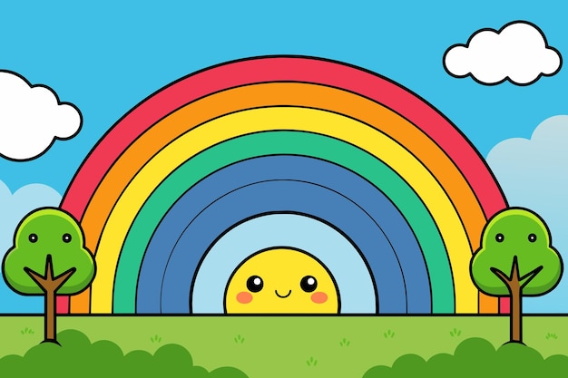 Vector a rainbow with a little yellow bird in the sky