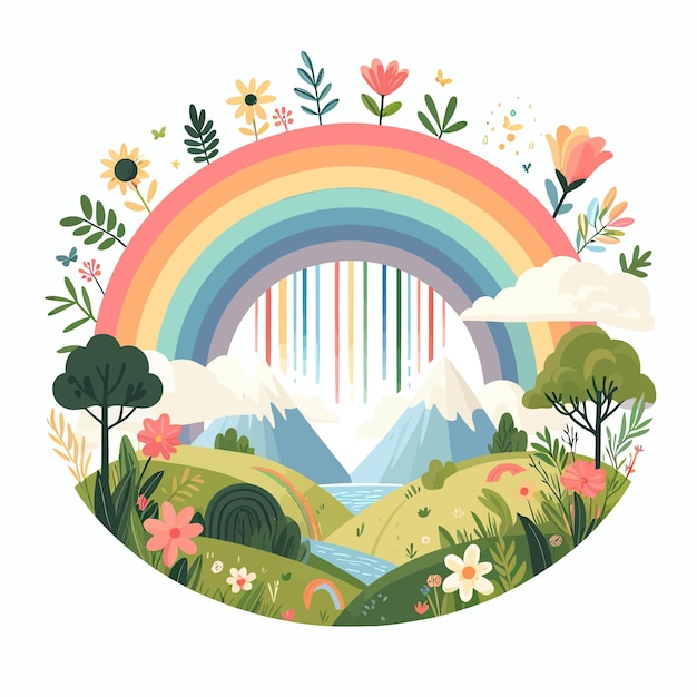 a rainbow with a rainbow and mountains in the background