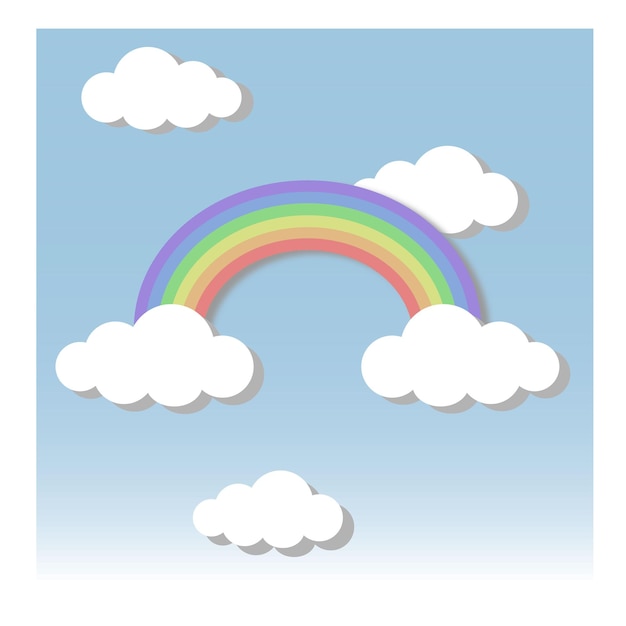 Rainbow with white clouds on blue background