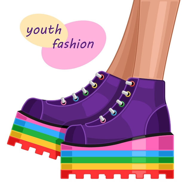 Rainbow women sneakers on high platform cartoon isolated white background