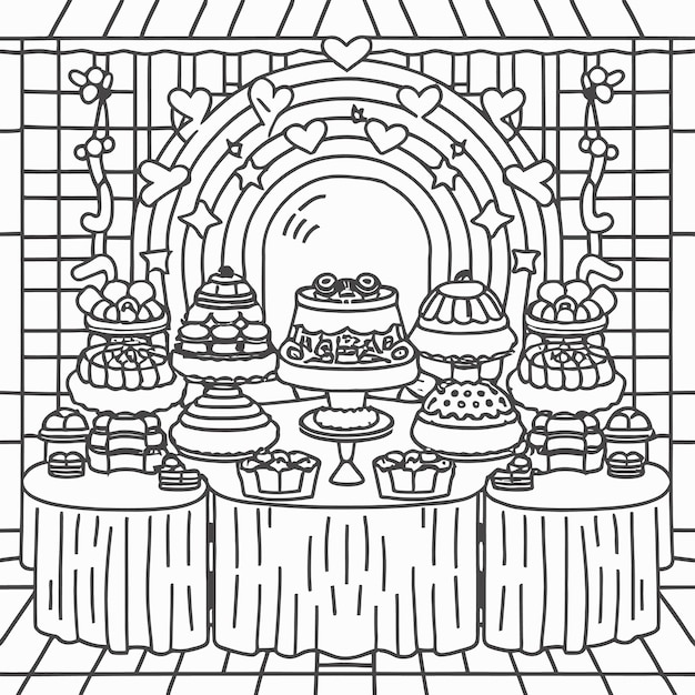 rainbowthemed dessert buffet with cupcakes Vector Outline