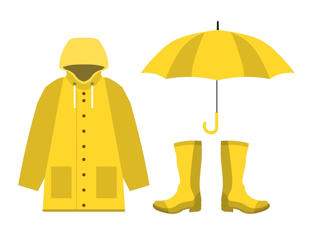 Raincoat, rubber boots, open umbrella, set of rainy season in flat