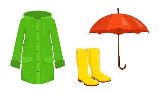 Raincoat, rubber boots and umbrella on white background. Rain protection elements set.