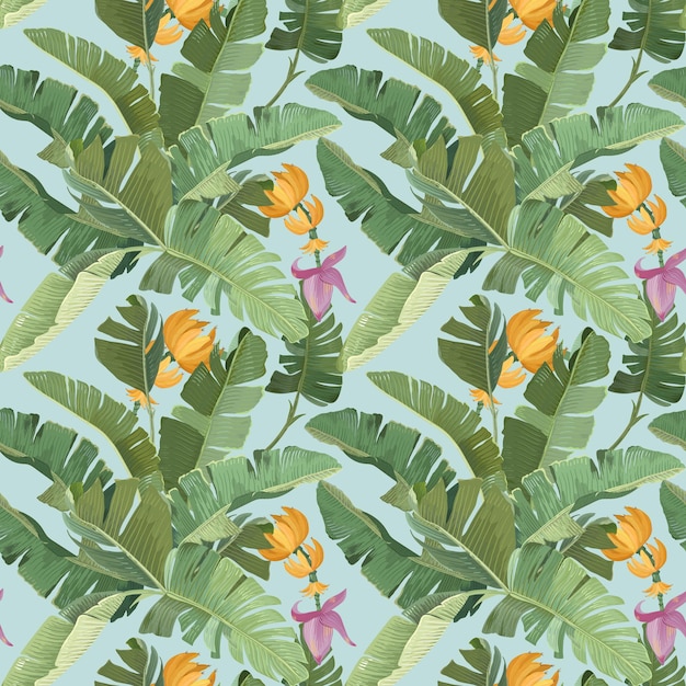 Vector rainforest ornament with green tropical banana palm leaves, fruits, blossoms and branches. paper, textile design, seamless pattern, botanical tropic print on blue background. vector illustration