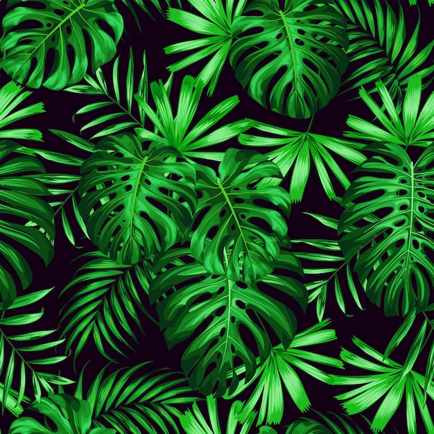 Rainforest summer print with palm and monstera leaves