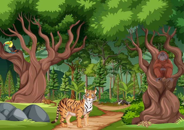 Rainforest or tropical forest scene with different wild animals