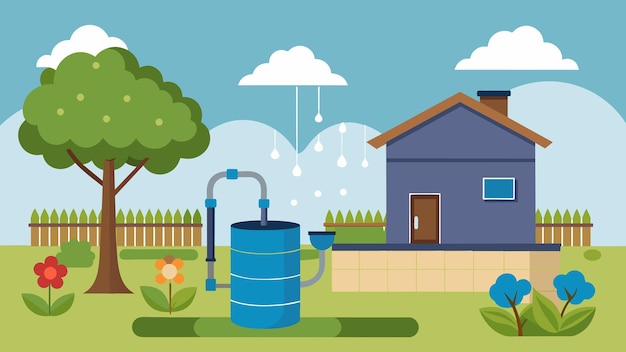 A rainwater harvesting system in the backyard provides water for gardening reducing the need for