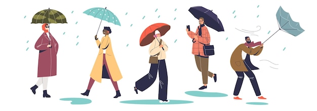 Rainy autumn weather: people walk holding umbrellas under rain struggling with cold wind. Cartoon character suffer from rainfall outdoors. Flat vector illustration