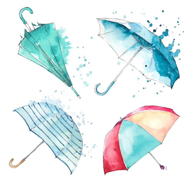 Rainy day, watercolor hand painted umbrellas, watercolor splash