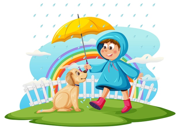 Rainy day with a boy in raincoat and a dog