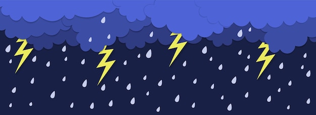 Rainy wheather thunderbolt and rain water drops paper cut vector template