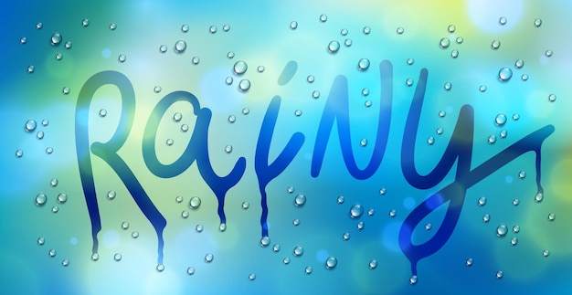 Vector rainy word drawn on a window over blurred background and water rain drops, vector realistic illustration, bad depressing weather theme.