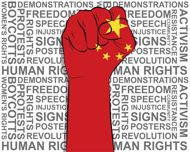 Raised fist on China flag political news banner victory or win concept freedom symbol