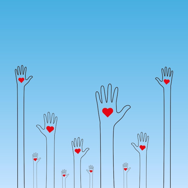 Raised human hands with red hearts Concept of charity volunteerism and donation Children's hands hold heart symbols Purity and sacrifice are given through their love for poor people Vector