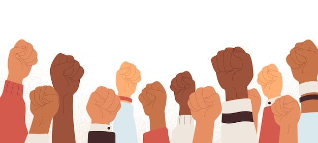 Vector raised up fists of different skin color. power of protest against racial discrimination and supporting equality, diversity and black lives matter movement. flat vector illustration isolated on white