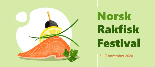 Rakfisk festival colorful horizontal vector banner template with tasty salmon, lemon, parsley, leek olive canape