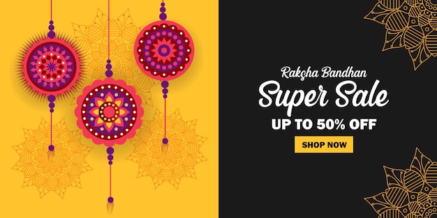 Raksha Bandhan Super Sale with 50 discount offer and decorated with floral Rakhi