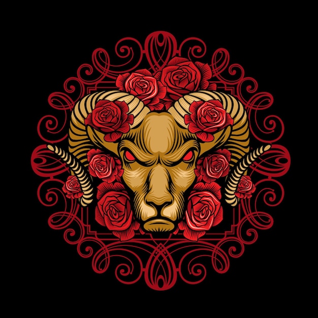 Ram head with roses vector illustration