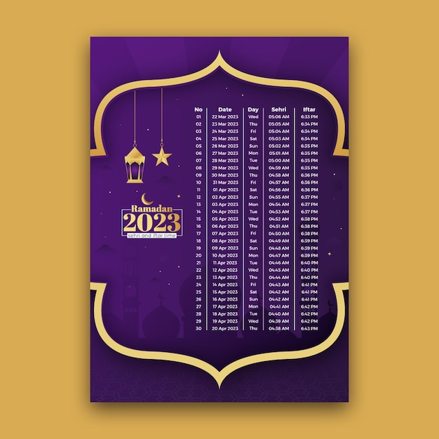 Ramadan 2023 Iftar and Sehri Schedule Calendar Design Template