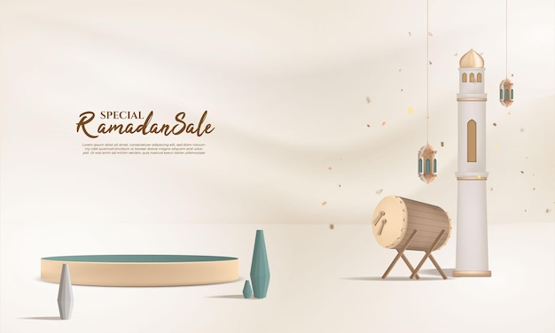 ramadan background 3d render, composition with islamic drum, blank podium, lantern for greeting