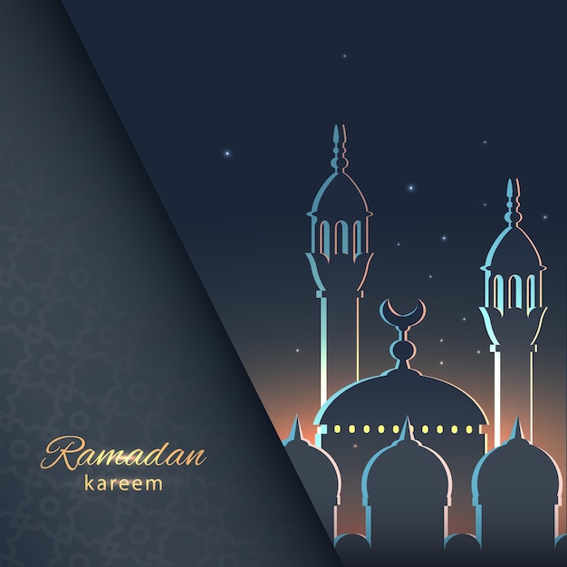 Ramadan background greeting card with mosque and text Ramadan Kareem Vector illustration