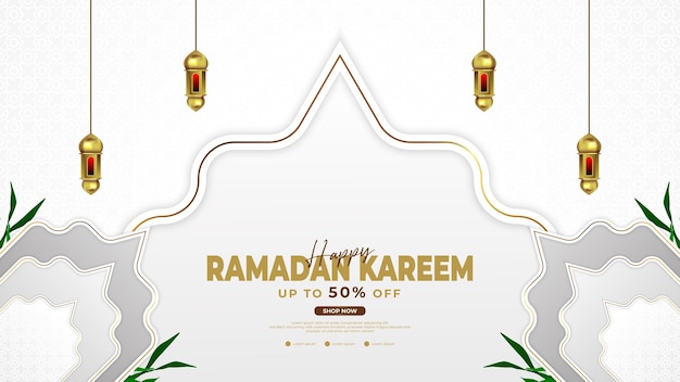 Ramadan background is white and gold with lantern and leaf elements suitable for Islamic background activities