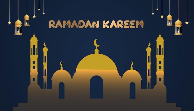 Ramadan background with a lantern moon star in the sky and golden Arabic pattern