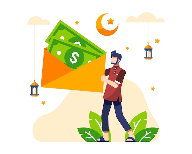 Ramadan Background With A Man Holds A Large Envelope Containing Bonus Money During Eid Day